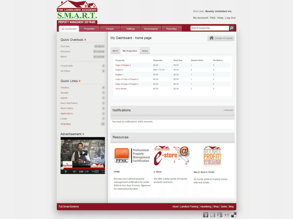 "The landlord academy S.M.A.R.T." dashboard/home page