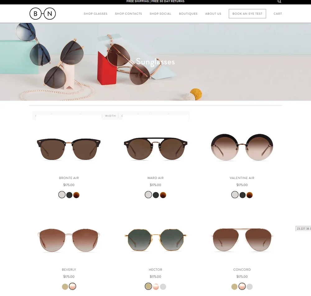 "BN" sunglasses product section page
