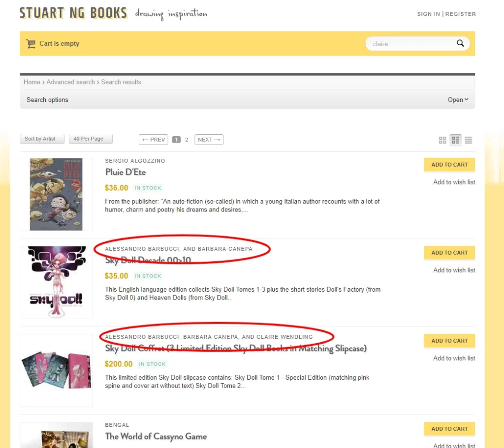 "Stuart Ng Books" advanced search page with page markups