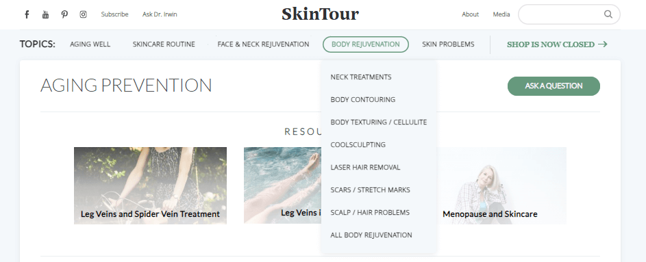 Skintour menu screenshot Find a doctor