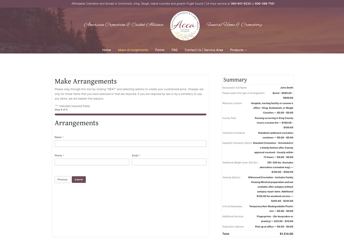 American Cremation arrangements page