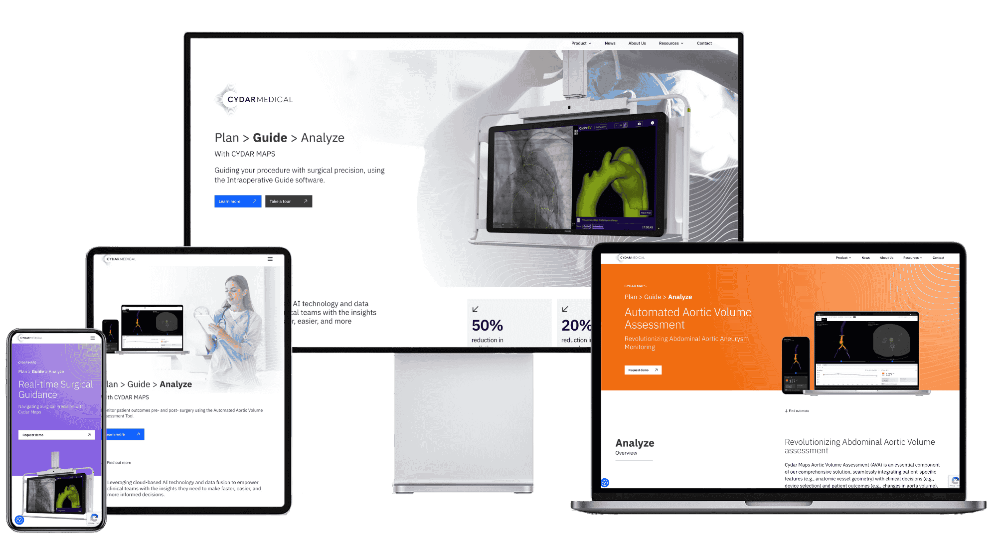 Cydar Medical homepage on desktop, laptop, tablet, and mobile