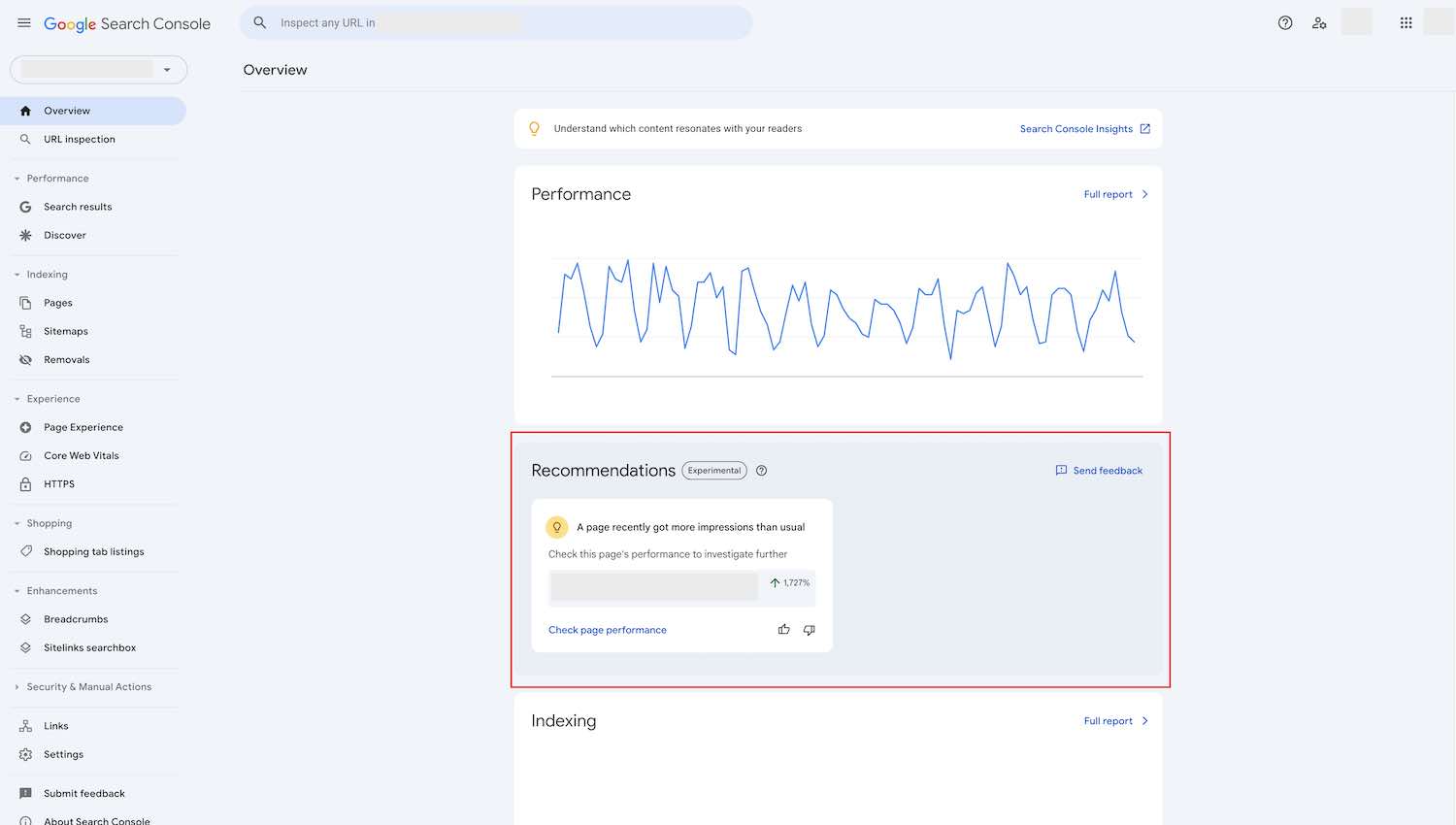 Google Search Console Dashboard with recommendations section highlighted