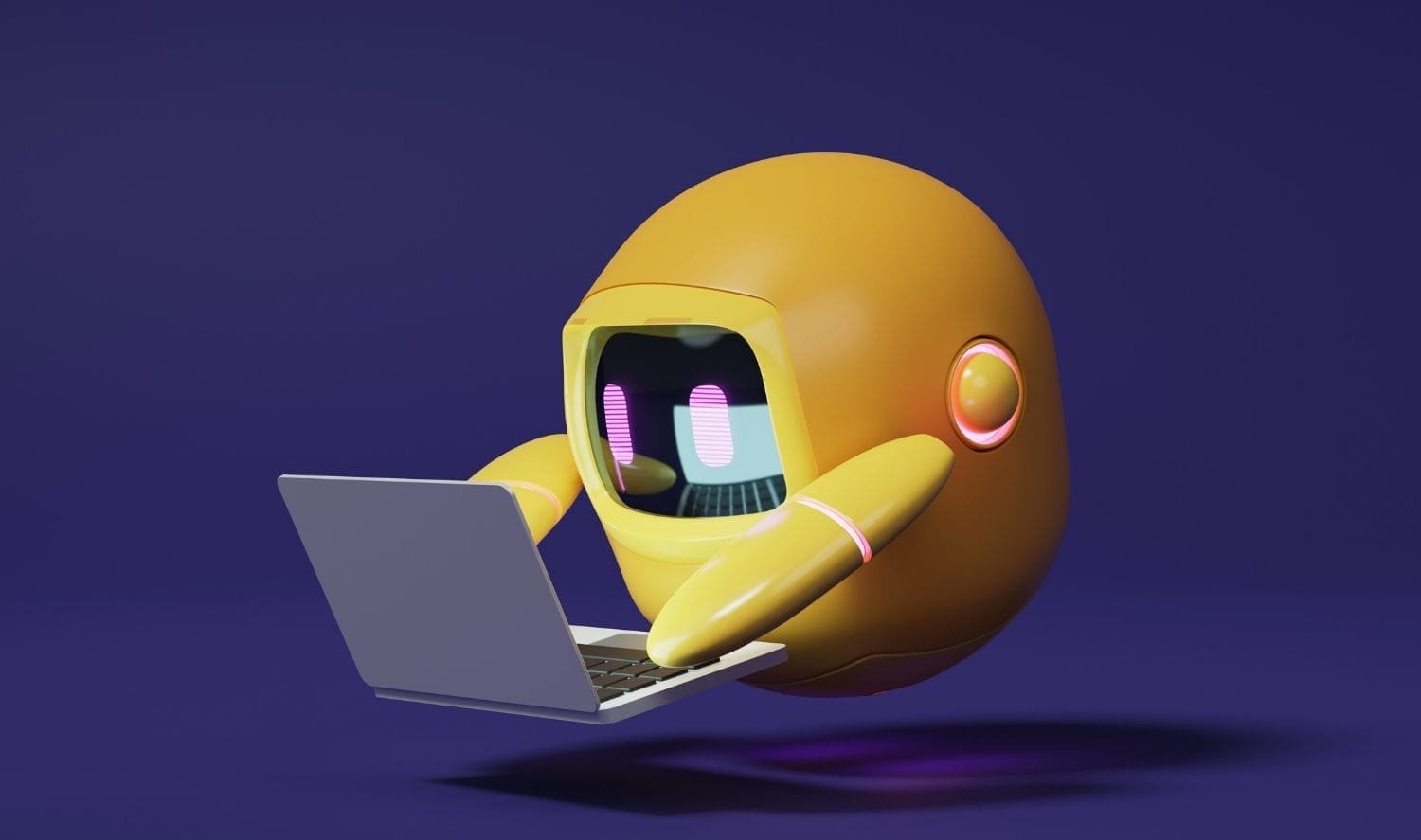 conversion yellow robot looking at a laptop
