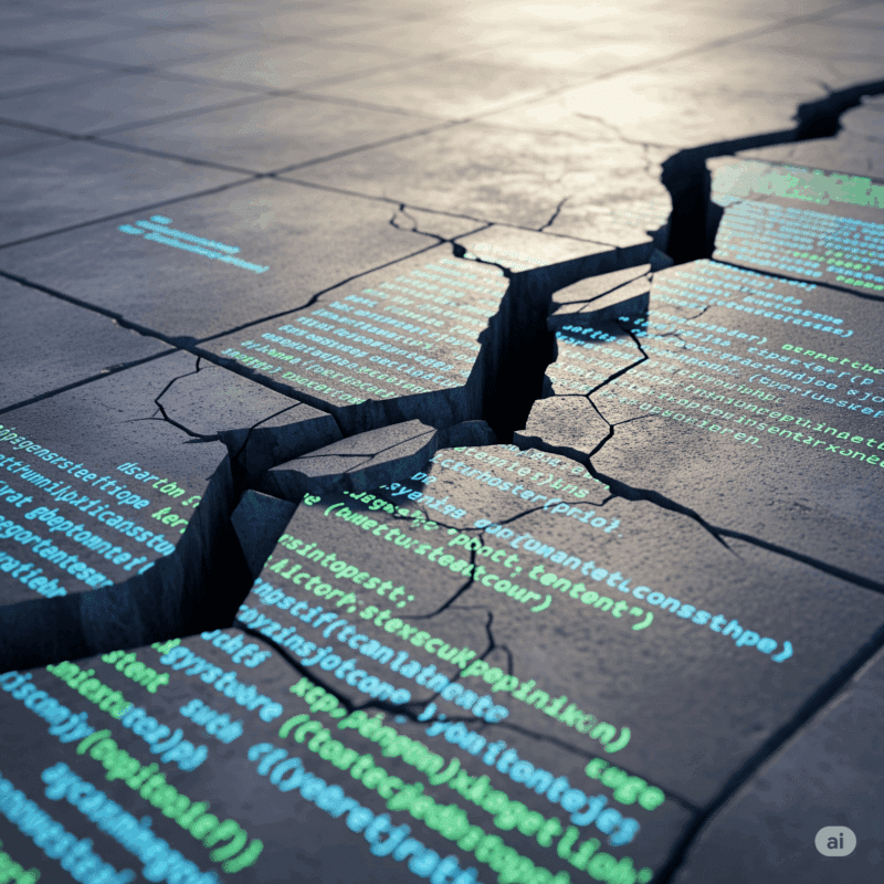 Image of a sidewalk with code and a crack running through it.